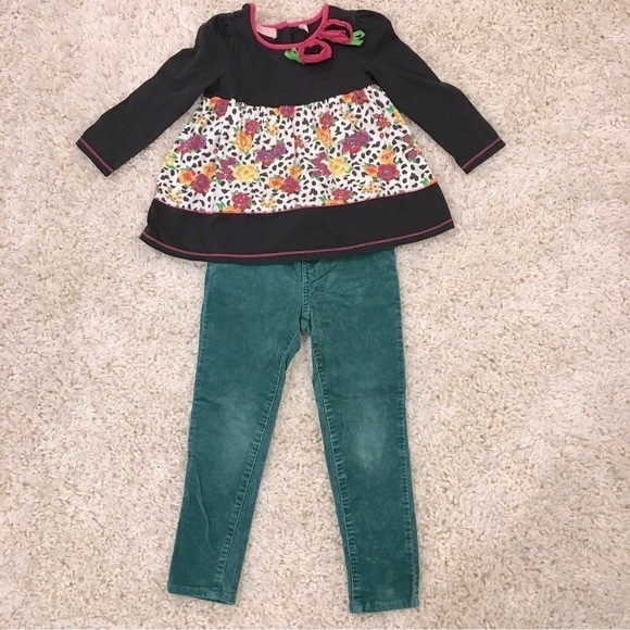 Bundle 2 Pcs Set Little Girls Floral Long sleeve  top and Green Velvet Pant - Picture 1 of 16